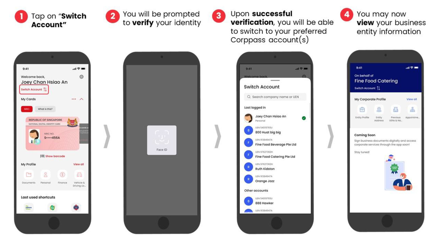 Switching Corppass account on Singpass app.